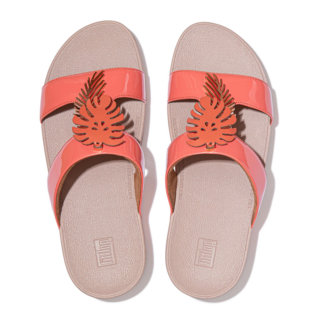 Fitflop Womens Slides - Lottie Jungle-leaf Patent - Coral Pink - 573-LSERVB